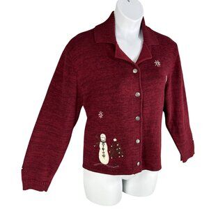 Woolrich Women XL Red Snowman Embroidered Button Cardigan Christmas Tree Sweater